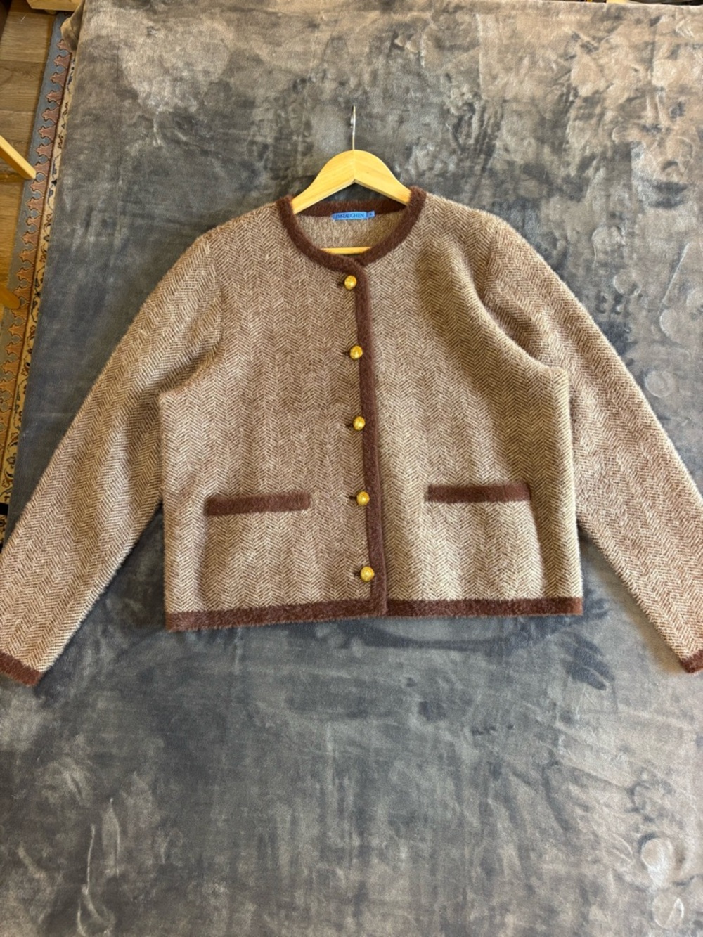 J.McLaughlin Inez Sweater Jacket XL Brown Herringbone Fuzzy Trim Button Cardigan - Picture 3 of 11